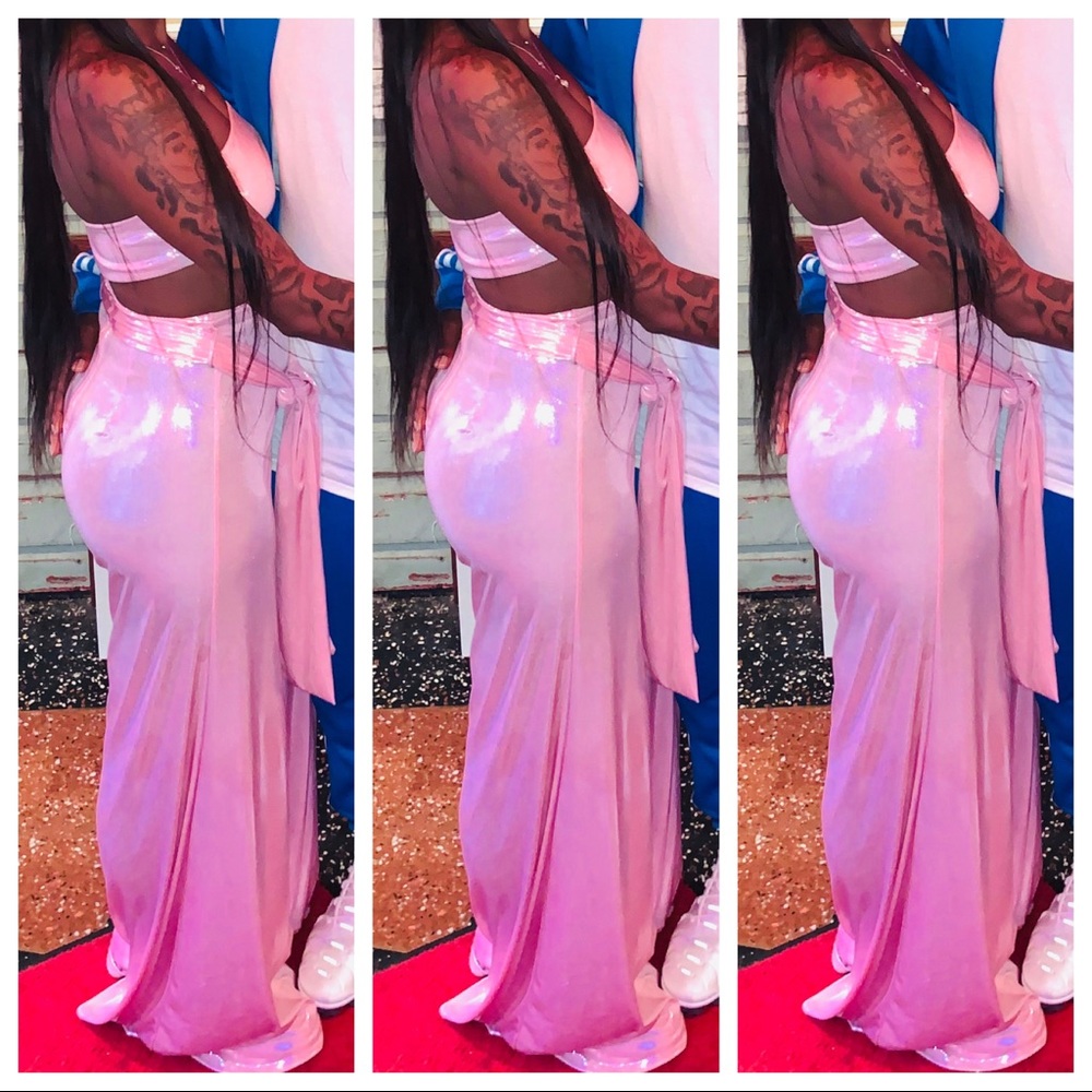 Pink wide leg pants and bandeau/tube top set